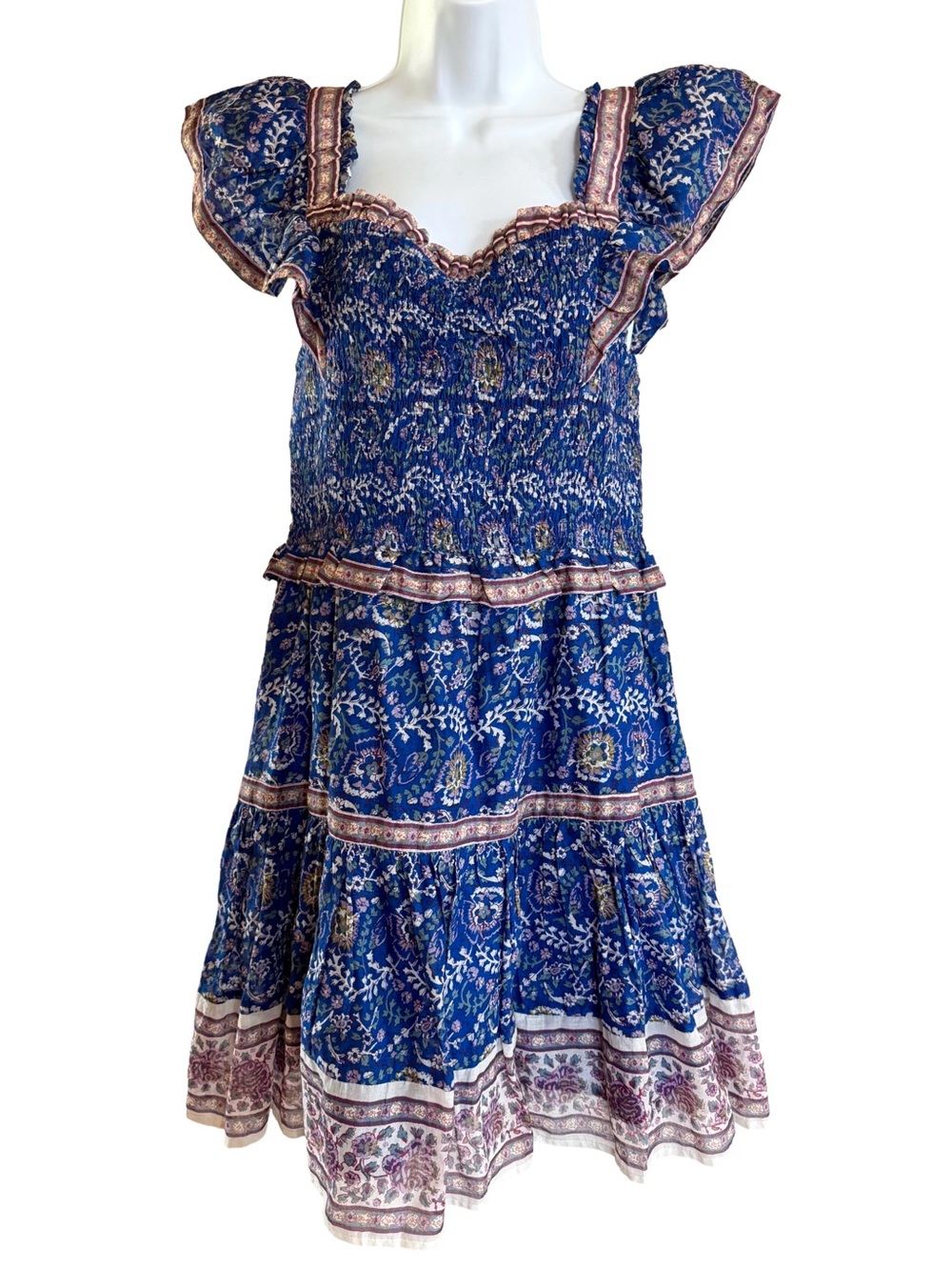 Sea New York Rosita Smocked Mini Dress M Blue Floral Cotton Ruffle Tiered
